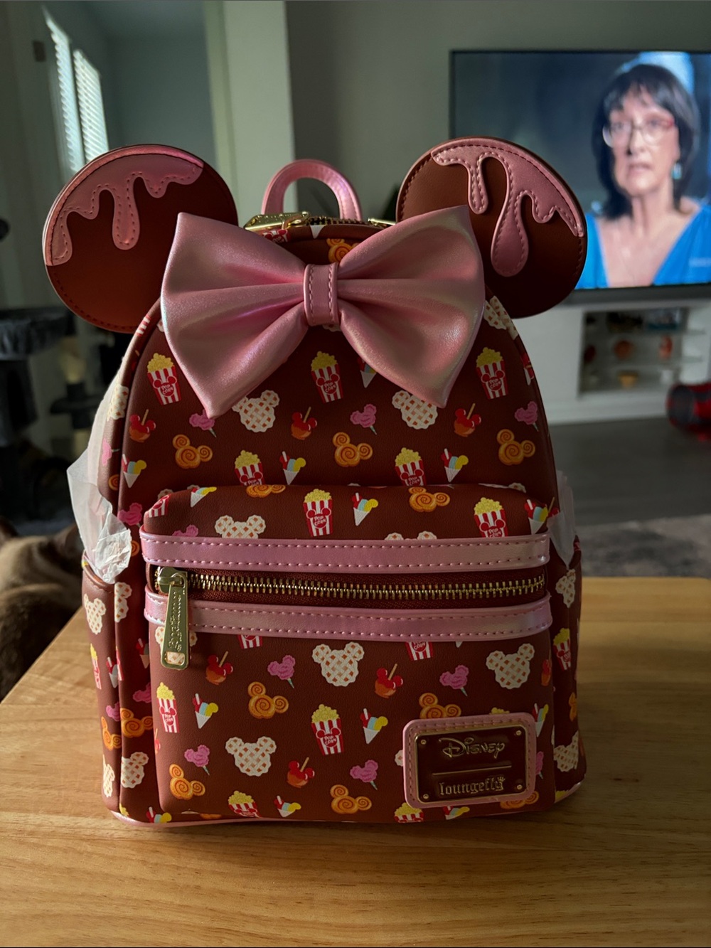 Loungefly Brown Mini Backpack with Pink Bow and Pink Accents
